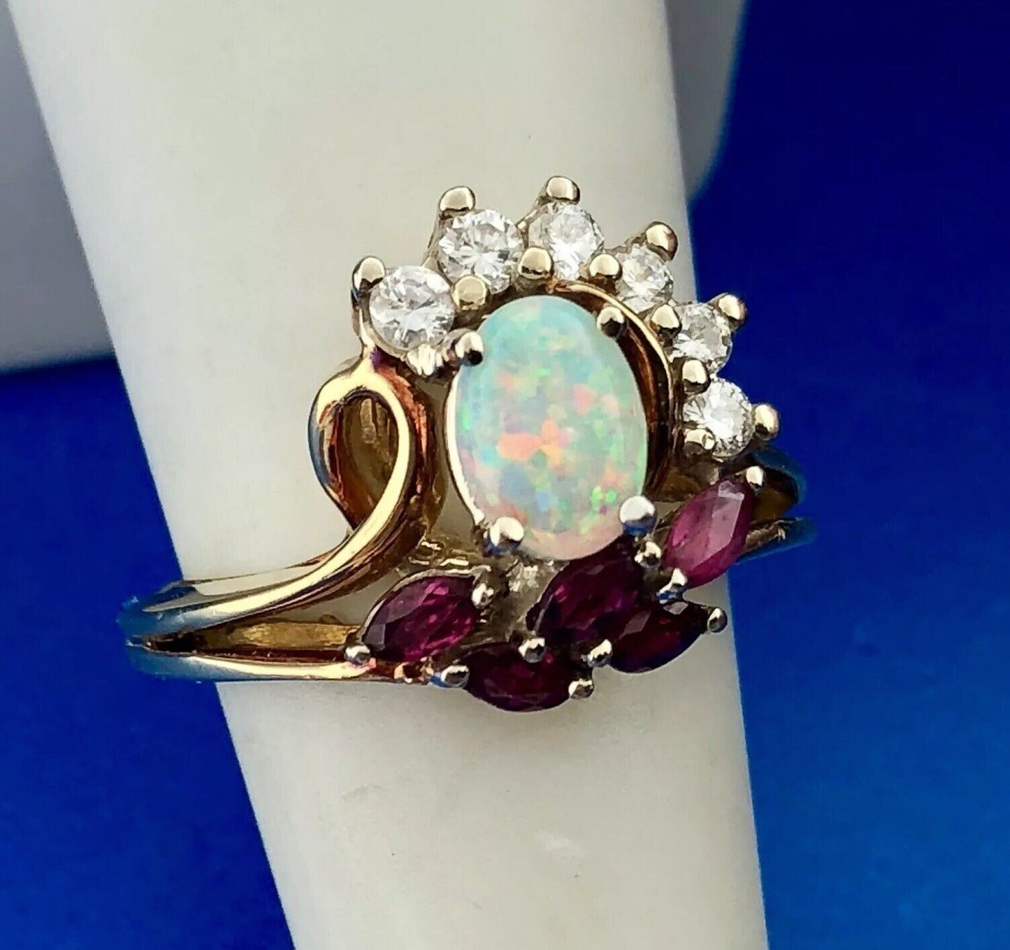 Vintage Gemco 18K Yellow Gold Opal Ruby Diamond Free Form Cocktail Ring