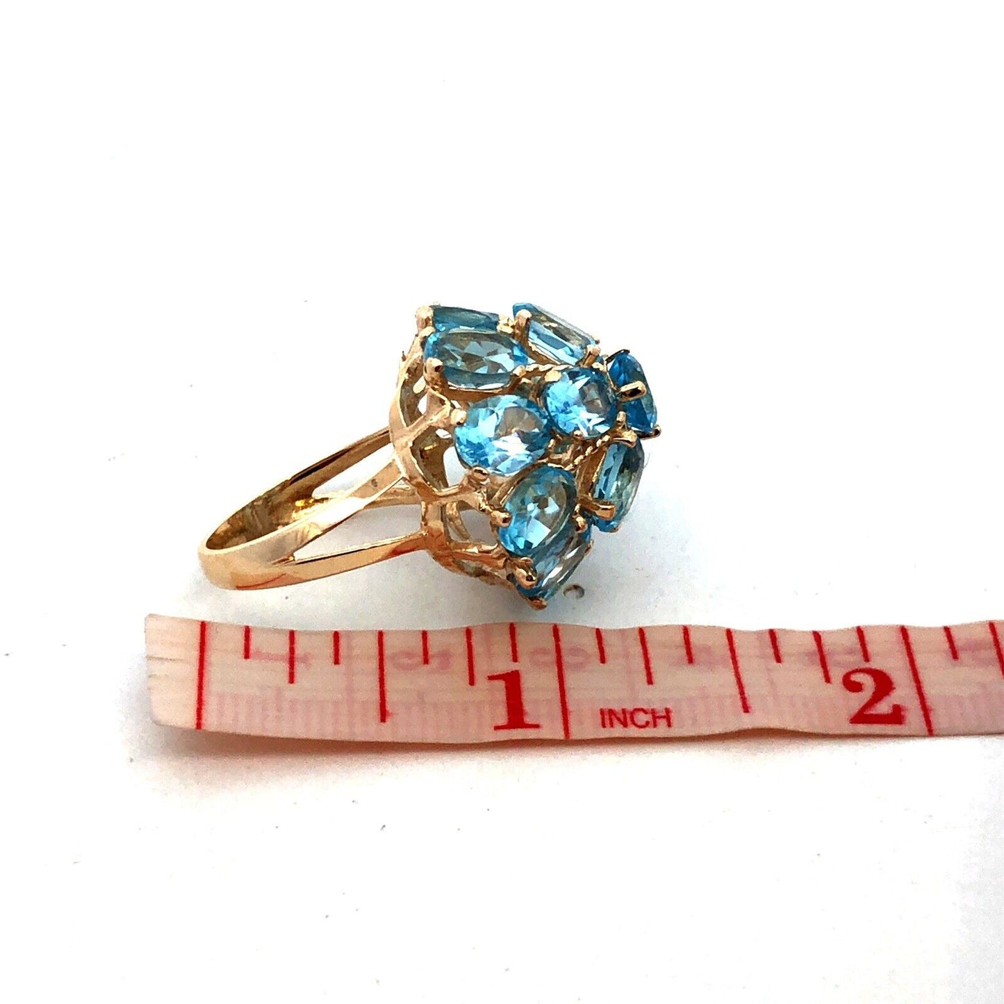 Designer EL 10K Yellow Gold Oval Blue Topaz Round Dome Statement Cocktail Ring