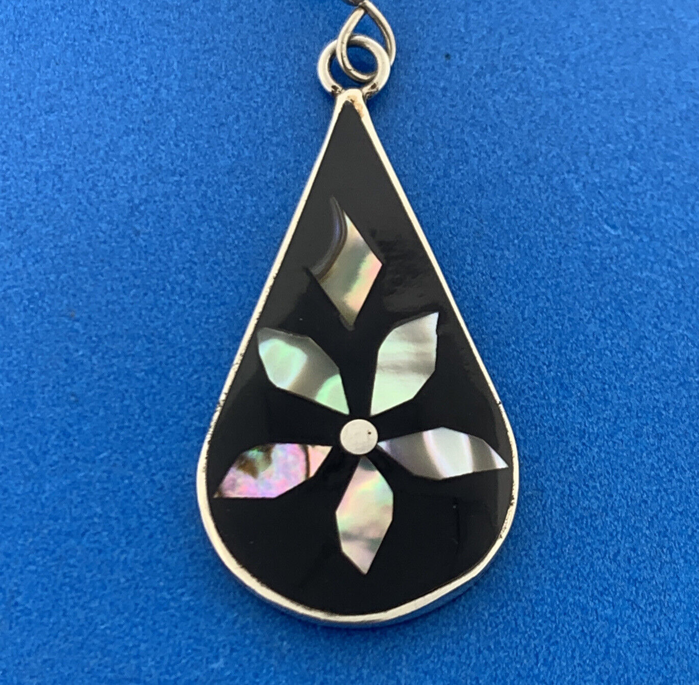 Retro Mexico Alpaca Faux Silver Black Enamel Abalone Inlay Drop Dangle Earrings