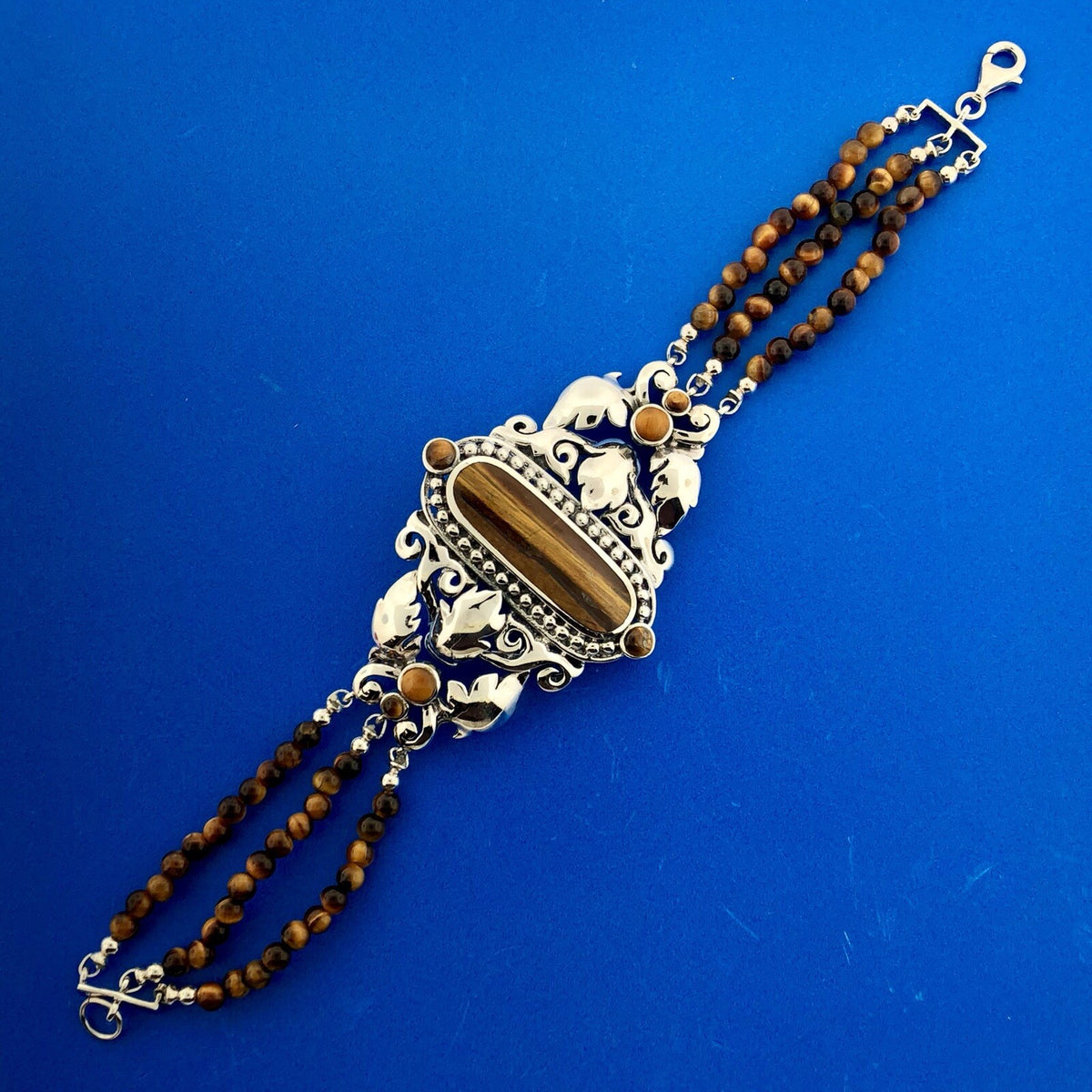 Retro 925 Sterling Silver Tiger Eye Beaded Open Scroll Work Statement Bracelet