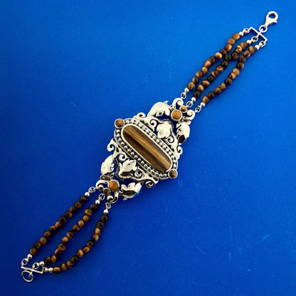 Retro 925 Sterling Silver Tiger Eye Beaded Open Scroll Work Statement Bracelet