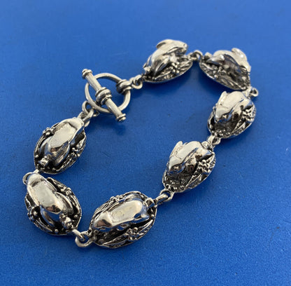 Vintage 925 Sterling Silver Rabbit In A Basket Peter Cottontail Toggle Bracelet