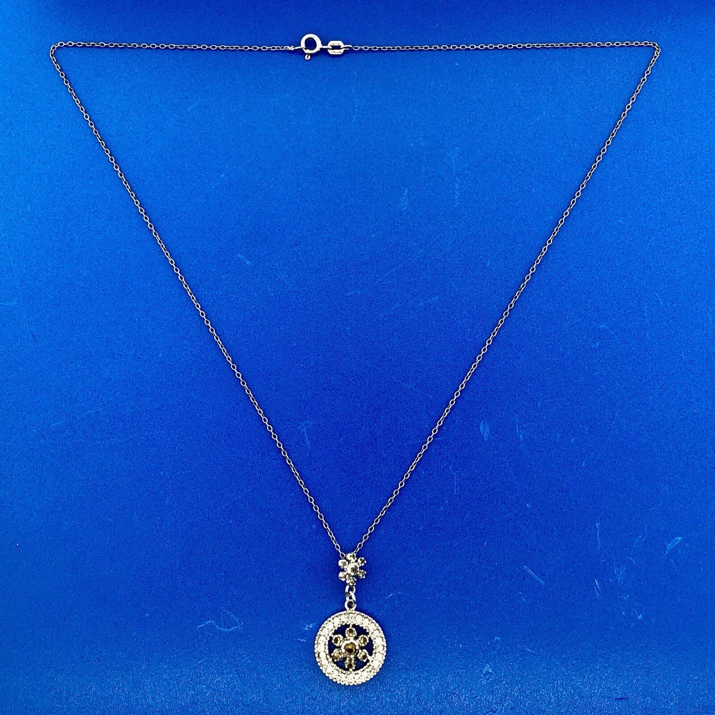 Designer 925 Sterling Silver Topaz Diamond Floral Double Drop Pendant Necklace