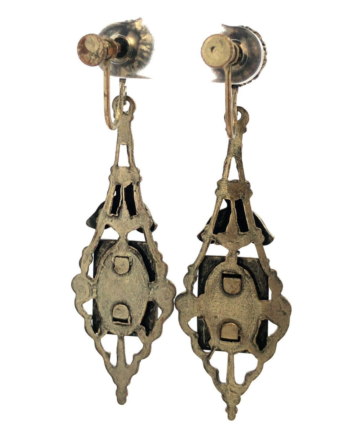 Antique Silver Tone Blue Glass Enamel Floral Scroll Dangle Screw Back Earrings