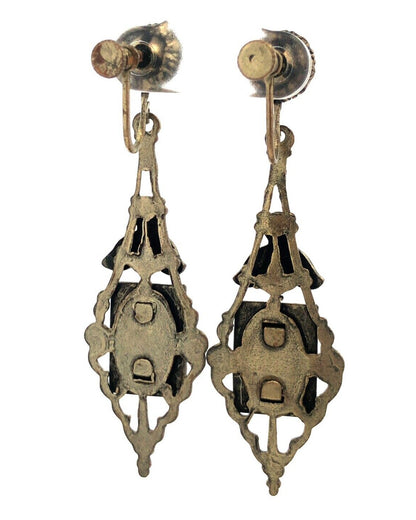 Antique Silver Tone Blue Glass Enamel Floral Scroll Dangle Screw Back Earrings