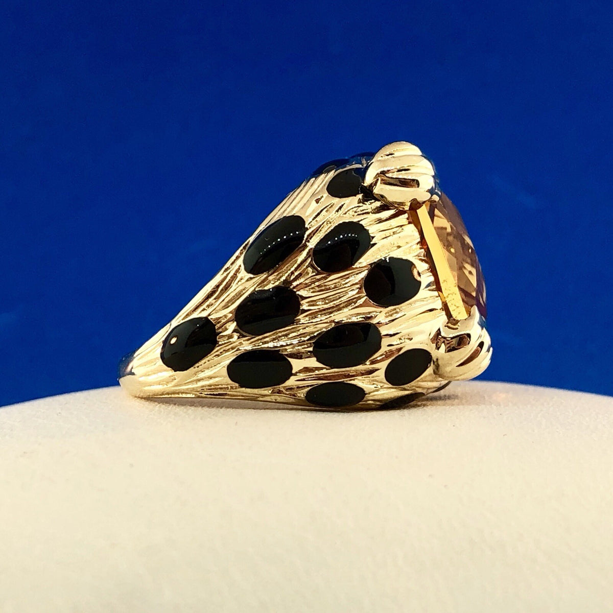 Retro Citra Trading CIT 14K Yellow Gold Citrine Black Enamel Statement Ring