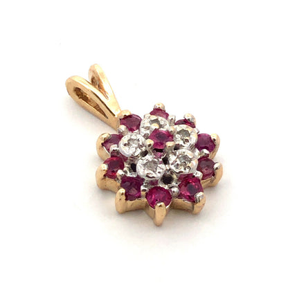Vintage 14K Yellow Gold Round Ruby Diamond Cluster Flower Pendant