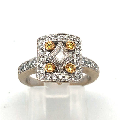 14K White Gold QJM Filigree Yellow White Diamonds Art Deco Style Statement Ring