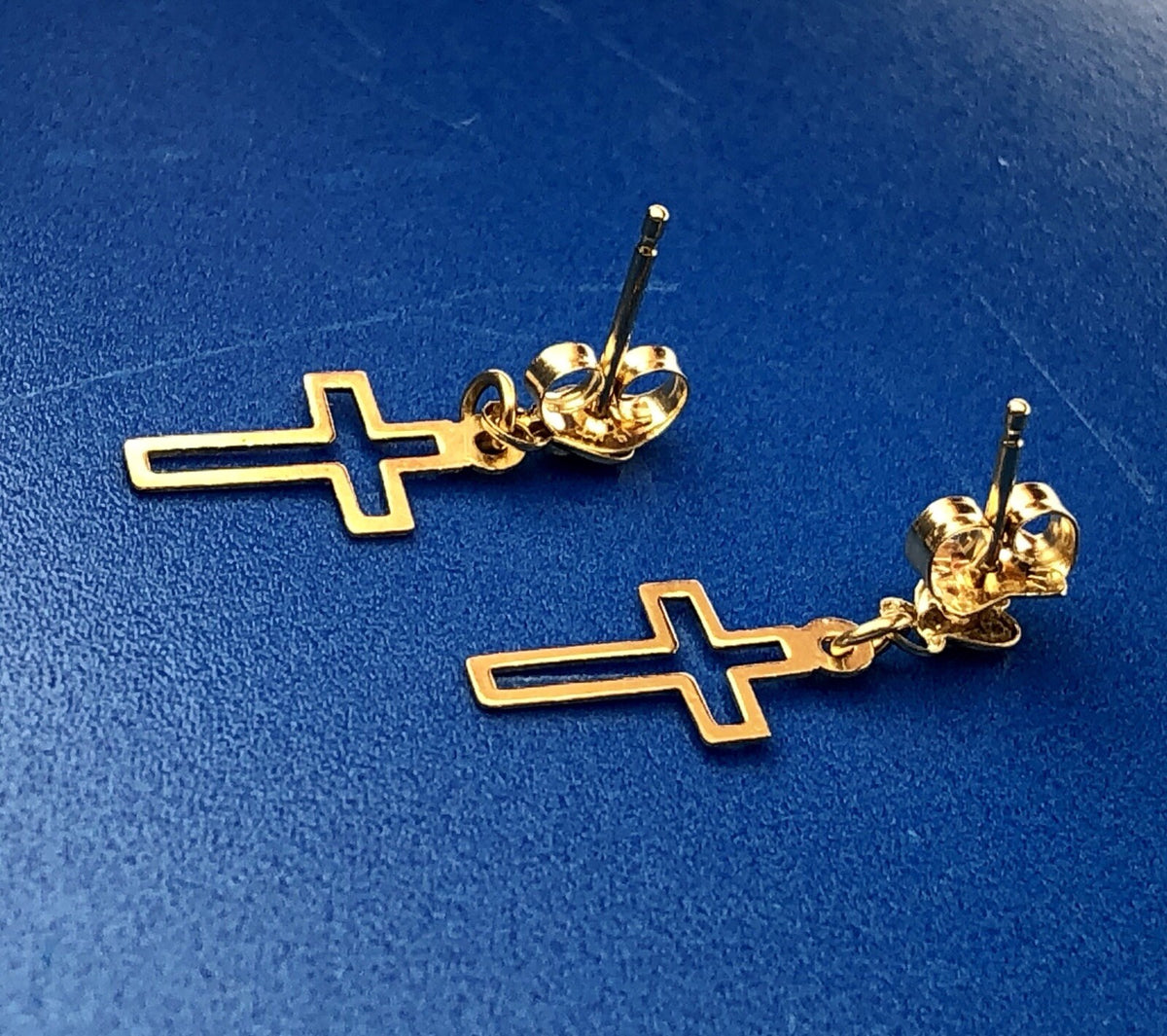 Retro 14K Yellow Gold Cross Cutout Religious Communion Dangle Stud Earrings