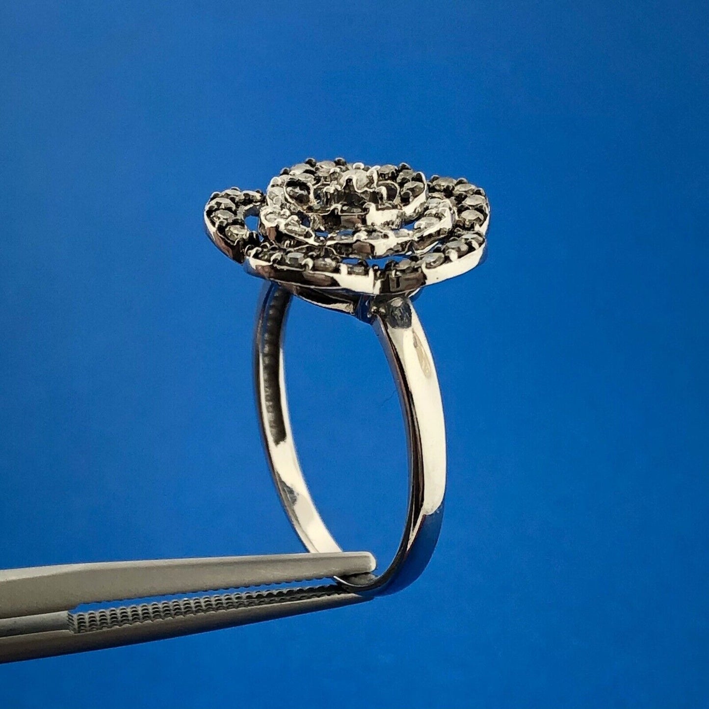 Gorgeous Mexican 14k White Gold White Champagne Diamond Open Flower Ring Size 8