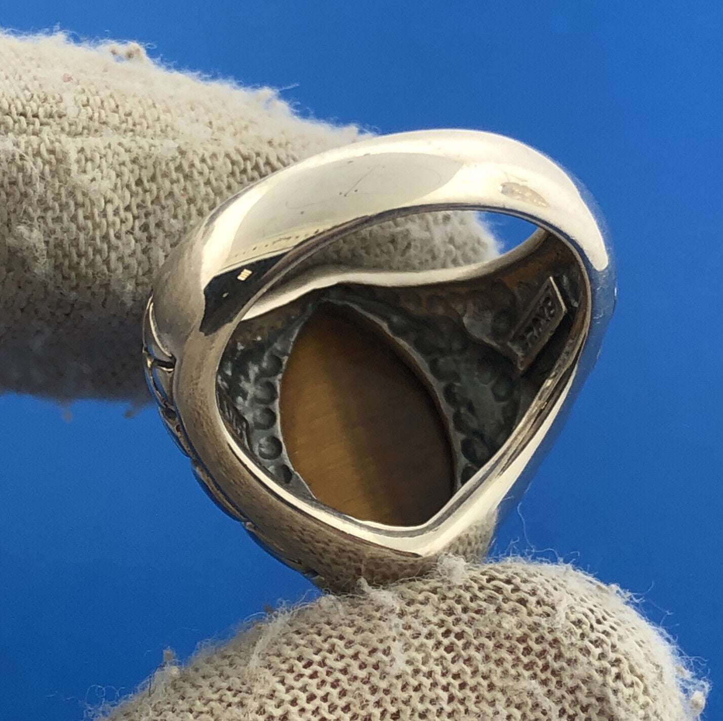Designer SX Thailand Sterling Silver Marquise Tigers Eye Snakeskin Band Ring