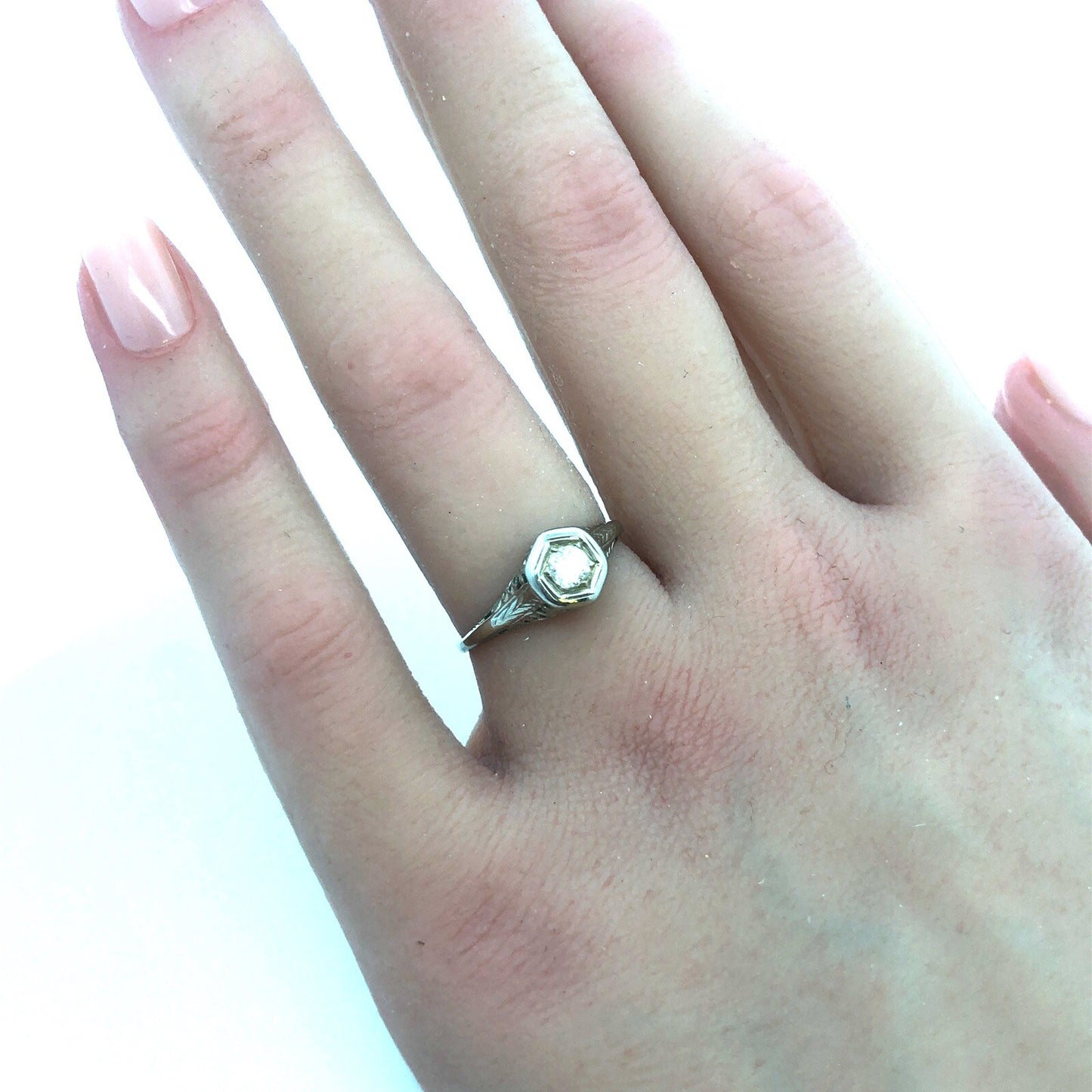 Art Nouveau Art Deco 14K White Gold Diamond Solitaire Filigree Engagement Ring