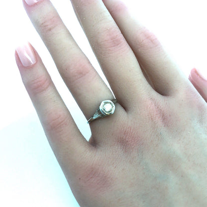 Art Nouveau Art Deco 14K White Gold Diamond Solitaire Filigree Engagement Ring