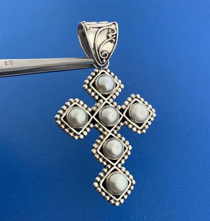 Stunning Sterling Silver 925 White Mabe Pearl Religious Cross Dangle Pendant