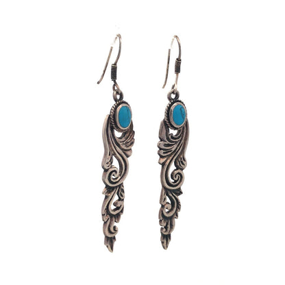 Vintage 925 Sterling Silver Turquoise Cabochon Scroll Dangle Drop Hook Earrings