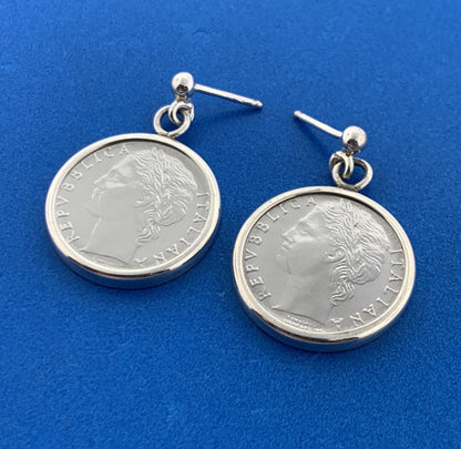 Stunning Sterling Silver 925 Italian Republic 1992 Coin Stud Dangle Earrings