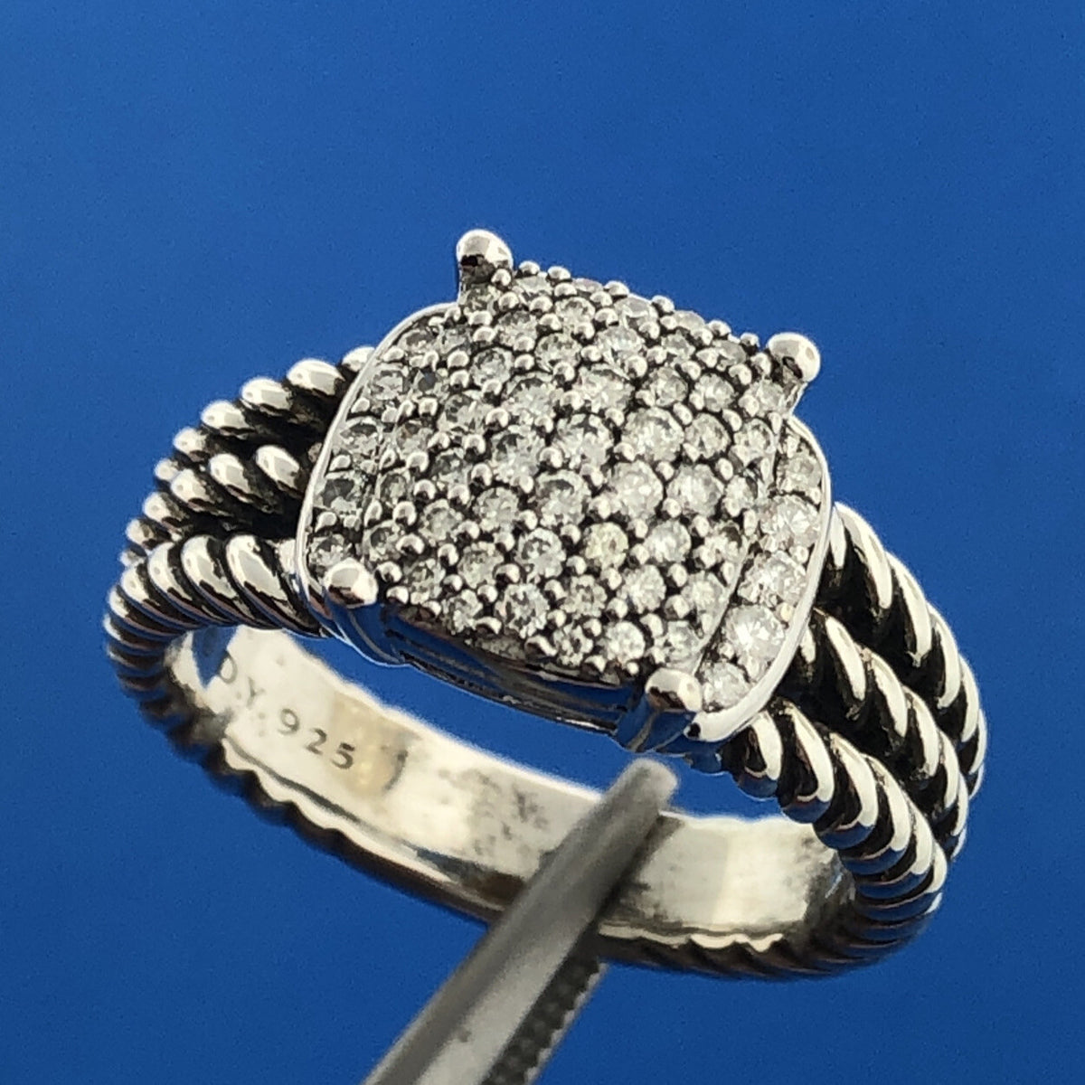 David Yurman 925 Sterling Silver Pave Diamond Petite Wheaton Classic Cable Ring