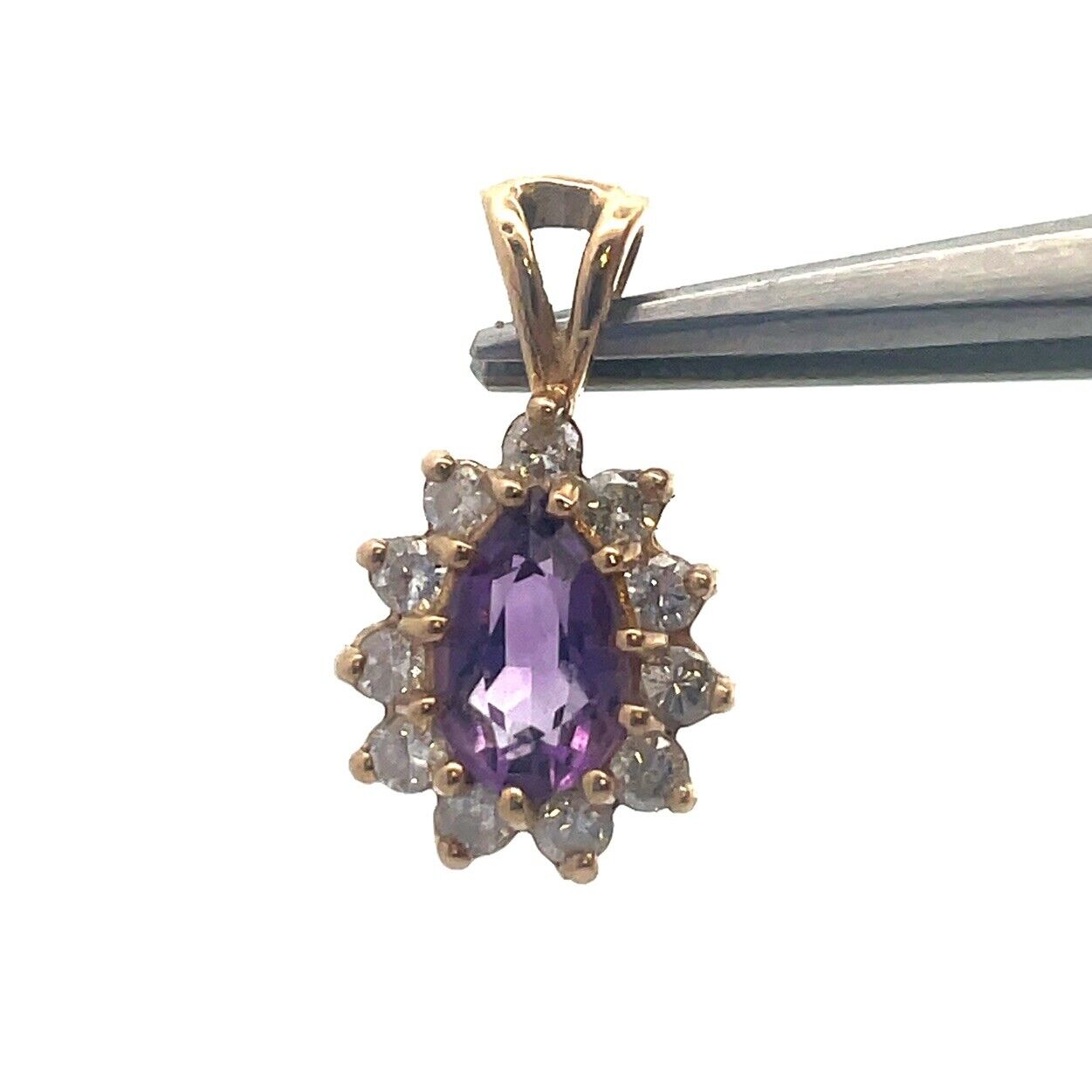 Vintage Designer 14K Yellow Gold Pear Amethyst Diamond Halo Teardrop Pendant