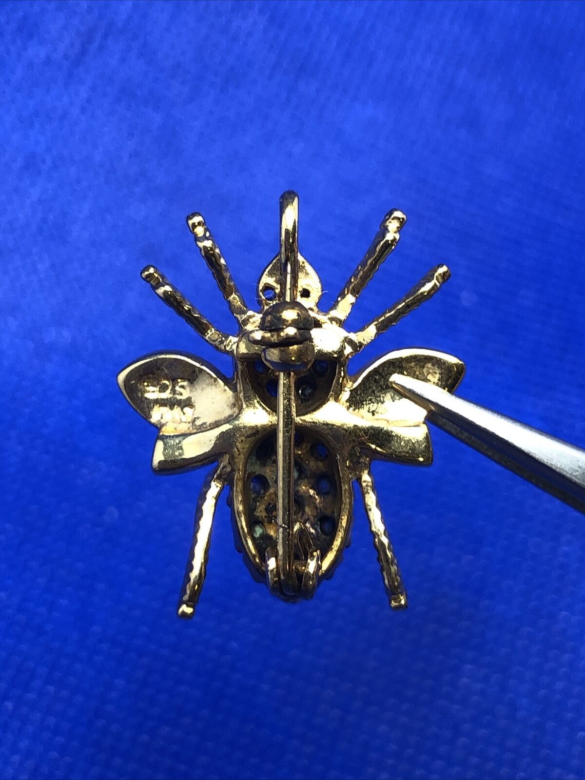 Designer PAT 926 Sterling Silver Vermeil CZ Blue Sapphire Insect Pendant Brooch