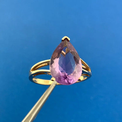 Designer 10k Yellow Gold Pear Cut Purple Amethyst Statement Ring Size 8.75