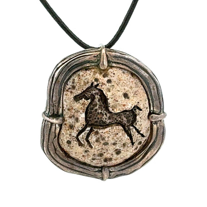 Vintage Sterling Silver Stone Carved Horse Statement Pendant Leather Necklace