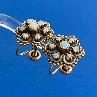 Vintage 14K Yellow Gold Opal Flower Cluster Screw Back Earrings