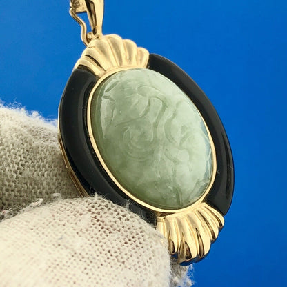 14K Yellow Gold Carved Jade Black Onyx Accented Oval Enhancer Pendant