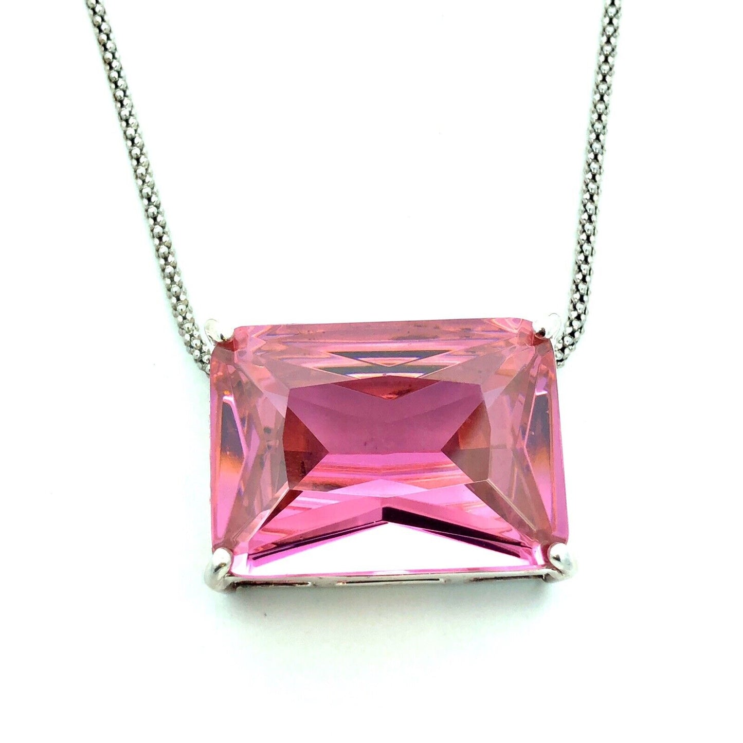 Designer SU 925 Sterling Silver Emerald Cut Pink Ice Cubic Zirconia Necklace