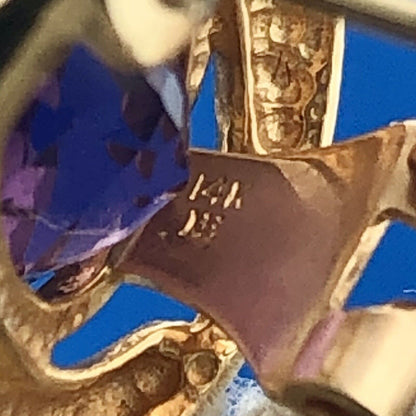 Estate 14K Yellow Gold Oval Amethyst Diamond February Anniversary Omega Earrings