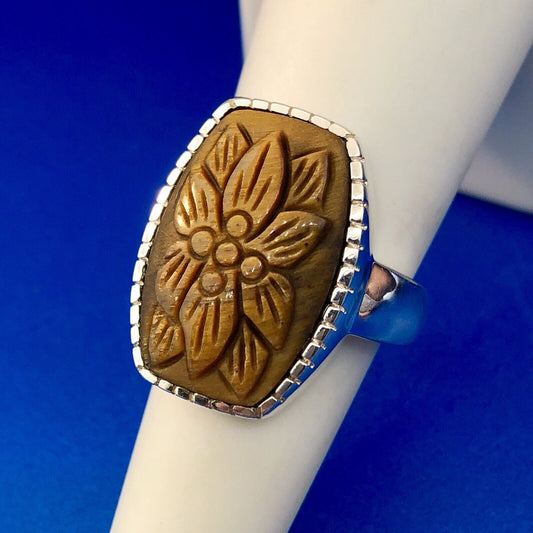Whitney Kelly WK 925 Sterling Silver Floral Carved Tiger Eye Statement Ring