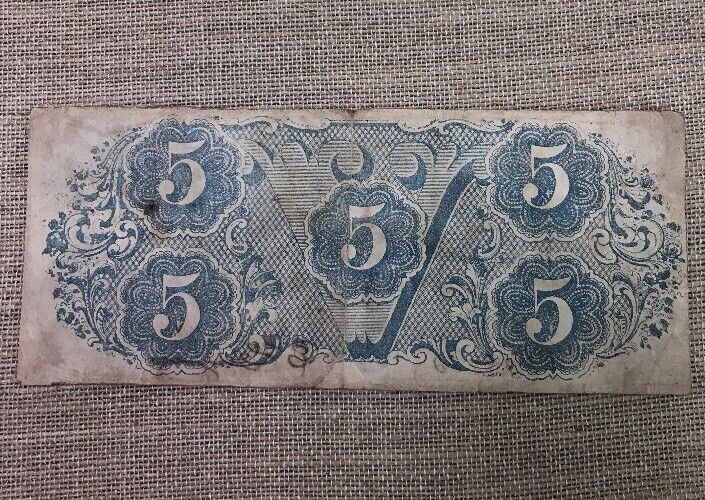 1863 $5 Confederate States of America April 6 Richmond Civil War Era Note T-60