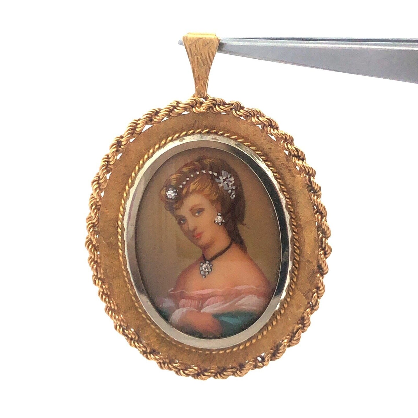 Vintage FJE Italy 18k Yellow Gold Diamond Hand Painted Portrait Brooch Pendant