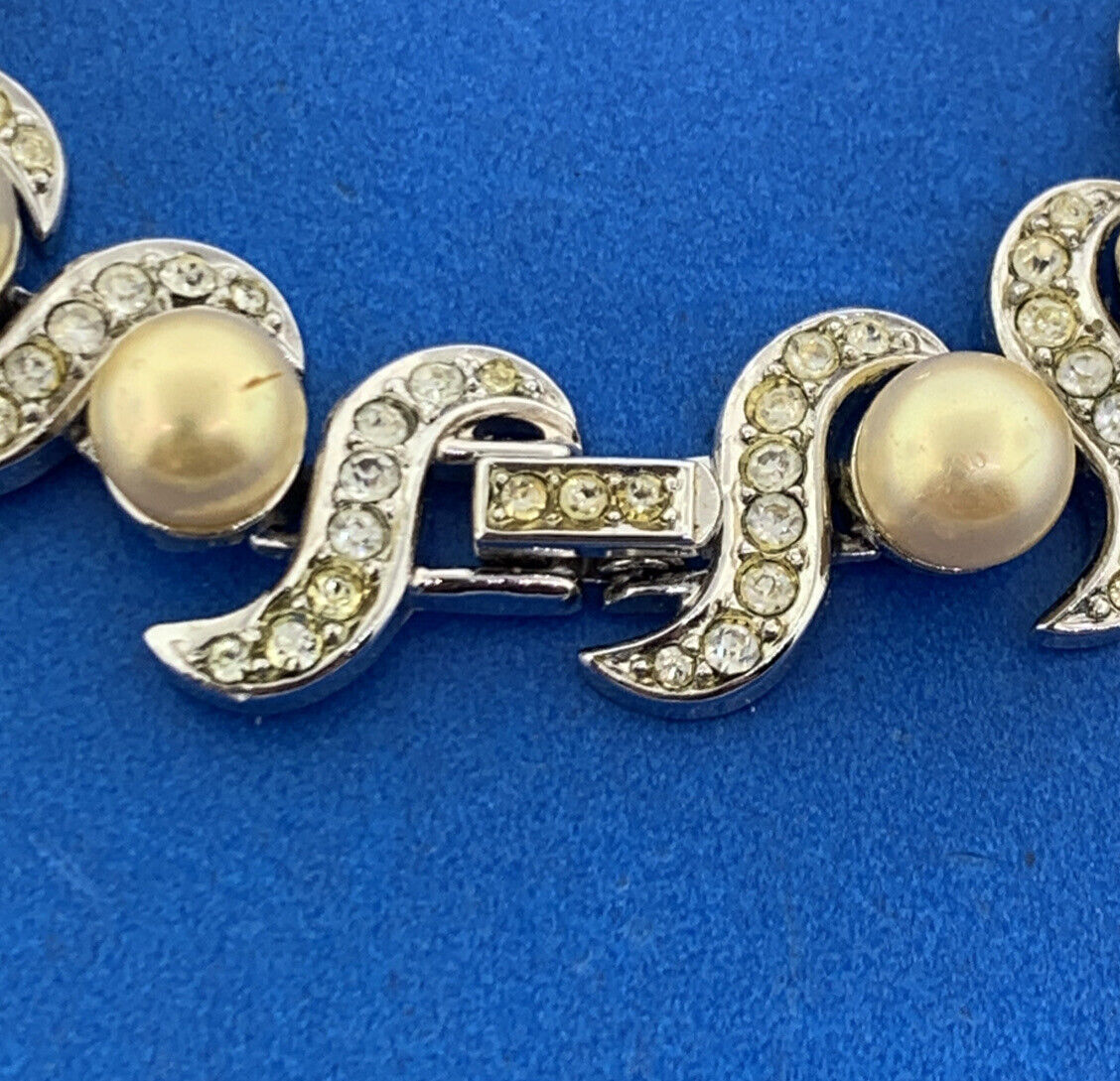 1955 Crown Trifari Silver Tone Faux Pearl & Rhinestone Statement Bracelet