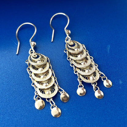 Milor Italy Sterling Silver Filigree Bead Centipede Link Drop Dangle Earrings