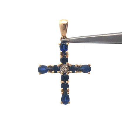 Gorgeous 10k Yellow Gold Blue Spinel Diamond Faith Religious Cross Pendant