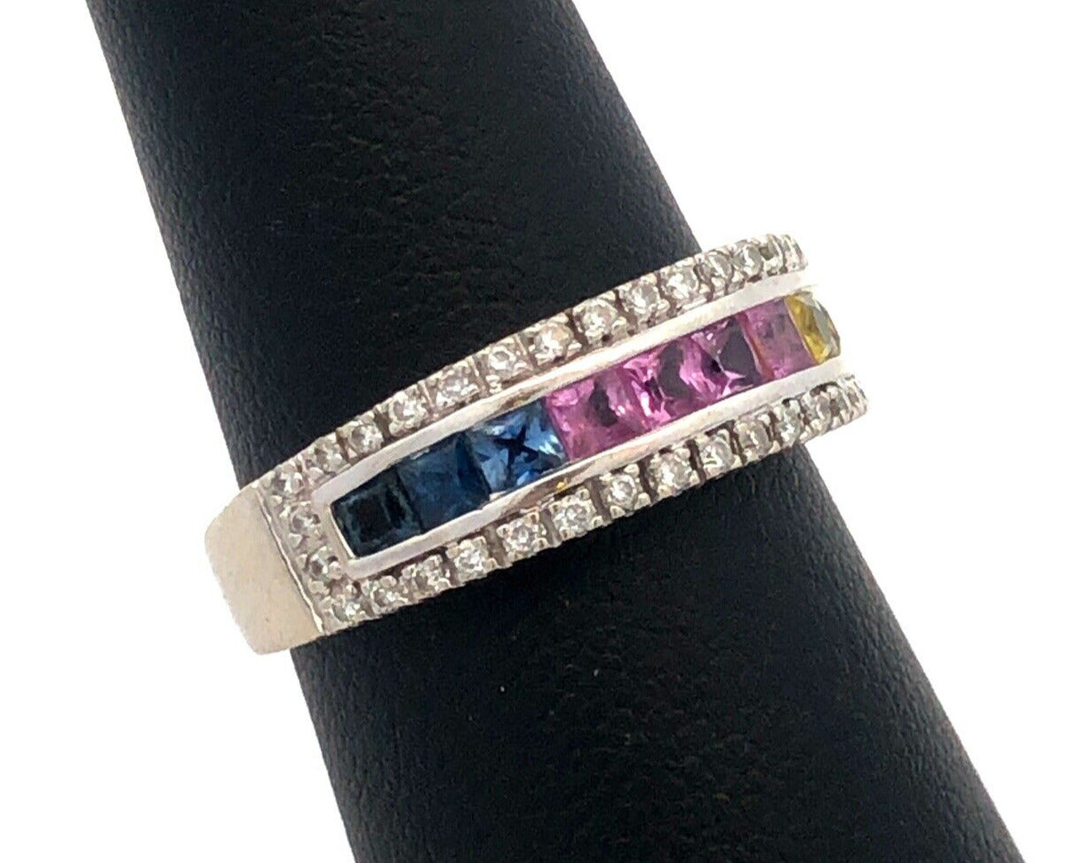 Designer 14K White Gold Multi Gemstone Diamond Mother's Anniversary Band Ring