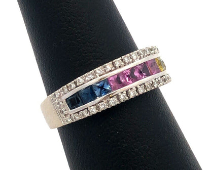Designer 14K White Gold Multi Gemstone Diamond Mother's Anniversary Band Ring