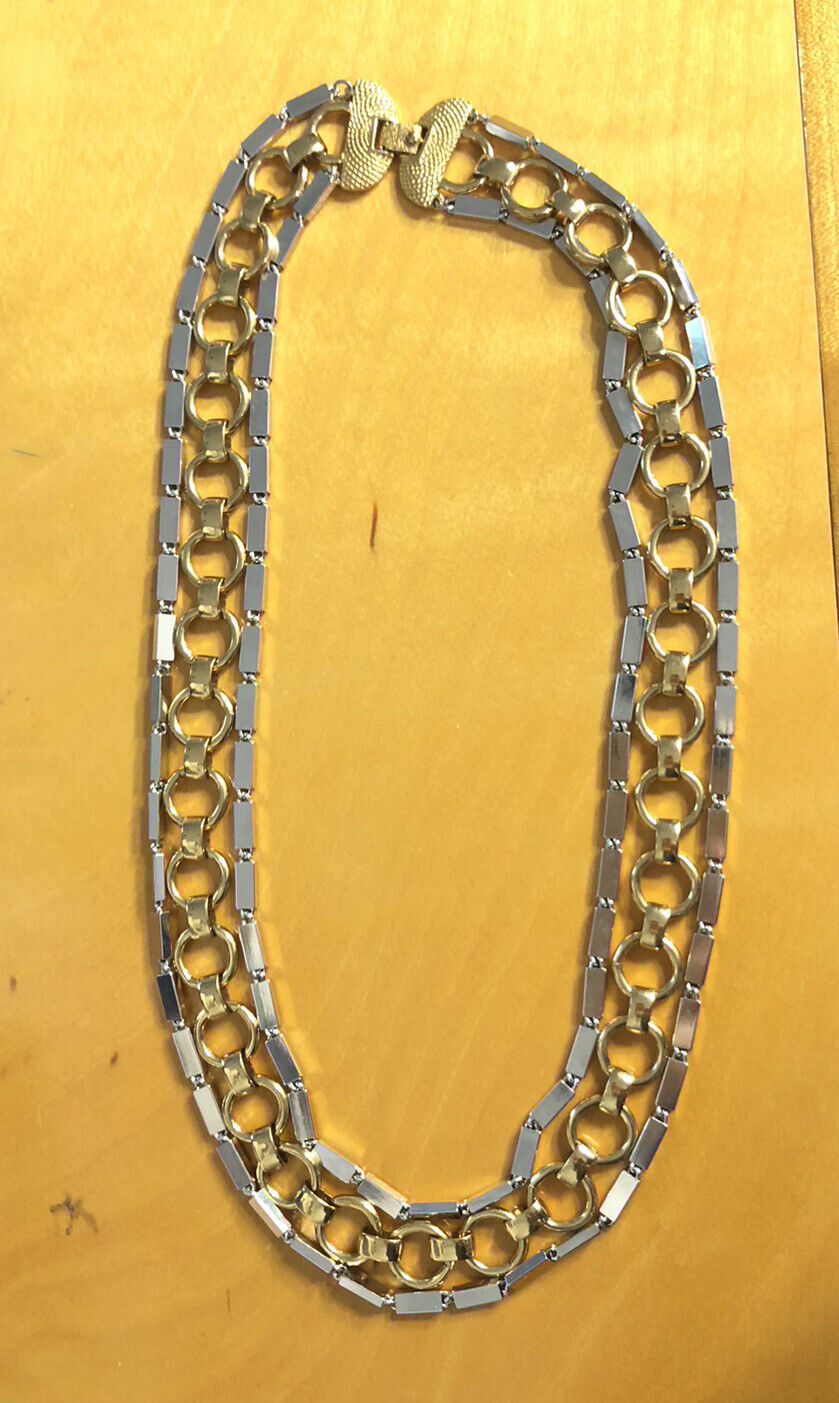 Vintage Monet Gold & Silver Tone Polished Three Strand Layered Chain Necklace