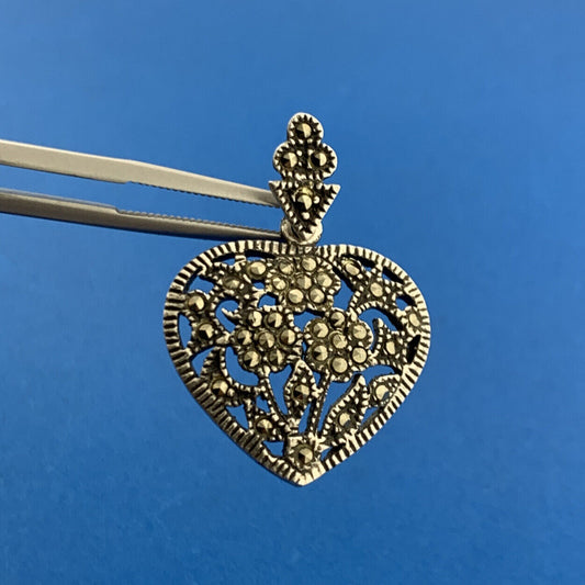Vintage 925 Sterling Silver Marcasite Scroll Open Work Heart Pendant