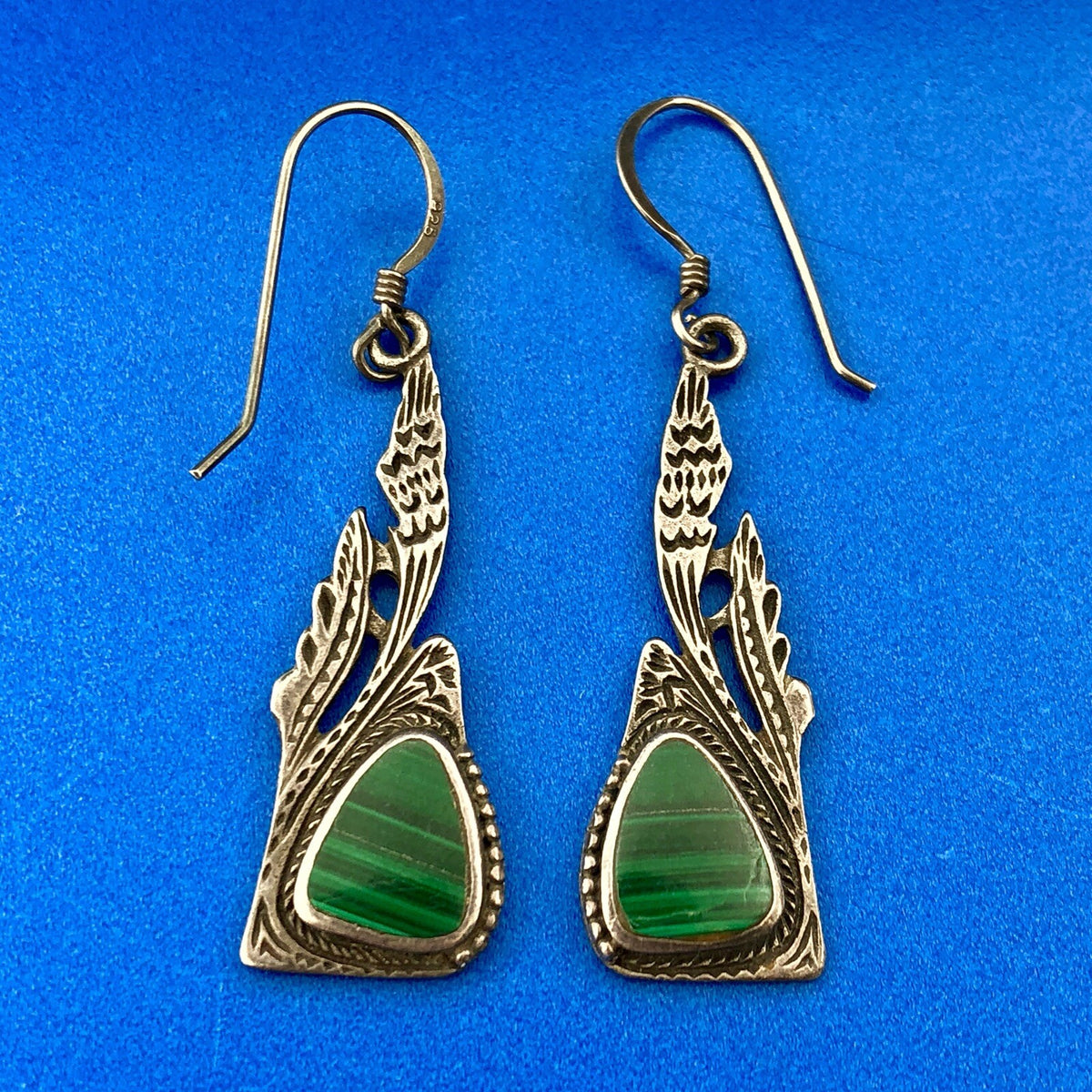 Estate Sterling Silver Malachite Trilliant Feather Wings Motif Dangle Earrings