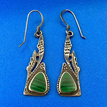 Estate Sterling Silver Malachite Trilliant Feather Wings Motif Dangle Earrings
