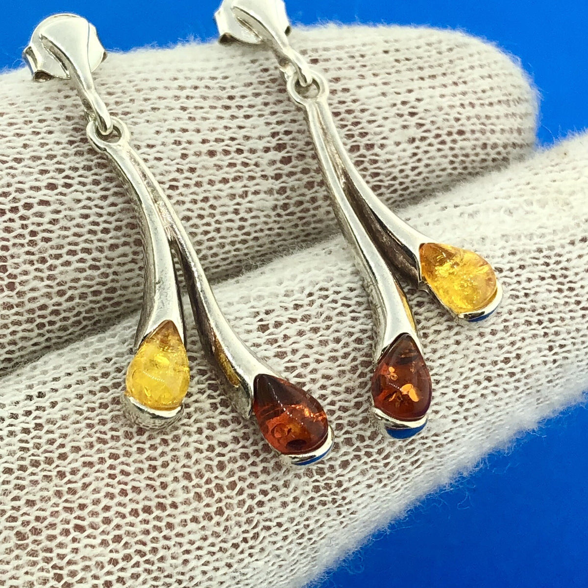 Stunning Sterling Silver 925 Teardrop Red Yellow Amber Dripping Dangle Earrings