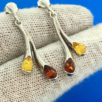 Stunning Sterling Silver 925 Teardrop Red Yellow Amber Dripping Dangle Earrings