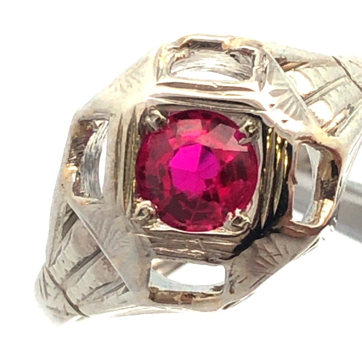 Art Deco 18K White Gold Round Ruby Solitaire Cocktail Ring