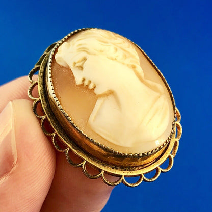 Vintage AMCO 14K Yellow Gold Filled Carved Shell Cameo Ornate Pin Brooch Pendant