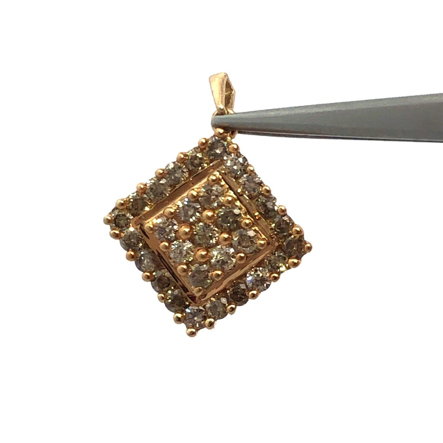 Designer SJ 10K Yellow Gold Round Champagne Diamond Square Statement Pendant