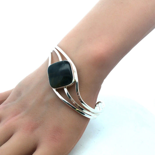Designer Mexico Sterling Silver Square Labradorite Modernist Open Cuff Bracelet