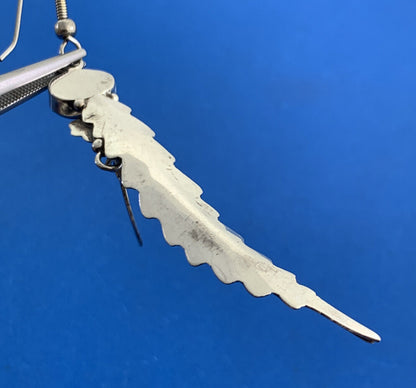 Vintage Native American 925 Sterling Silver Black Onyx Dangle Feather Earrings