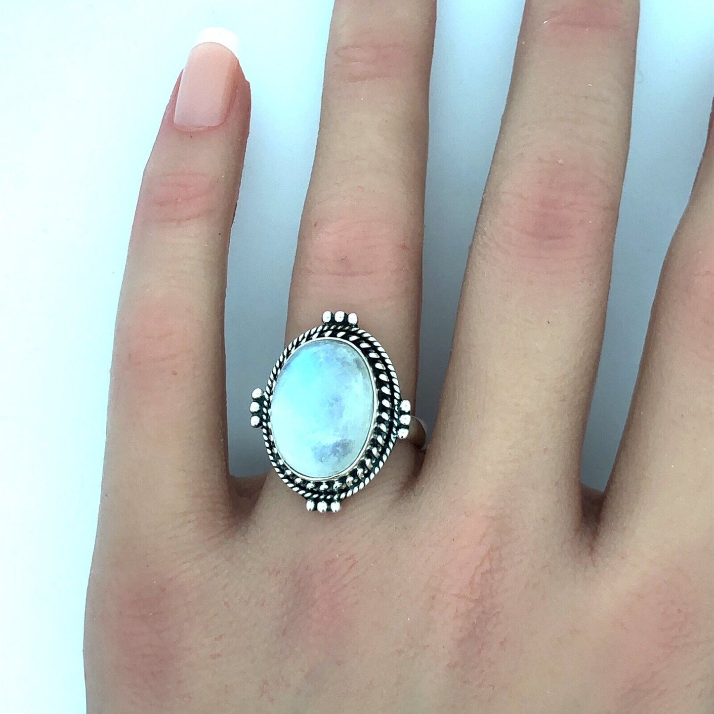 Designer Sterling Silver Oval Moonstone Cabochon Balinese Style Cocktail Ring