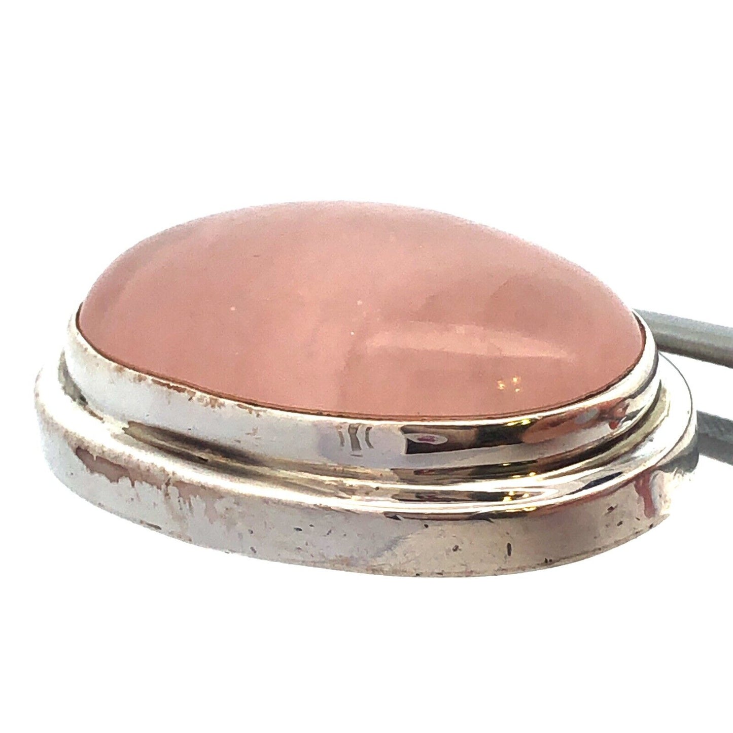 Vintage 925 Sterling Silver Oval Rose Quartz Cabochon Statement Pendant